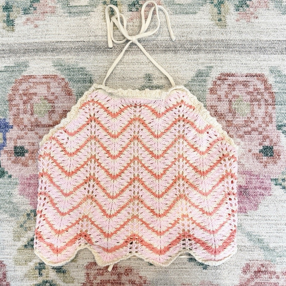 Womens Crochet Chevron Halter Top Small Boho Indie Hippie Open Back Cropped